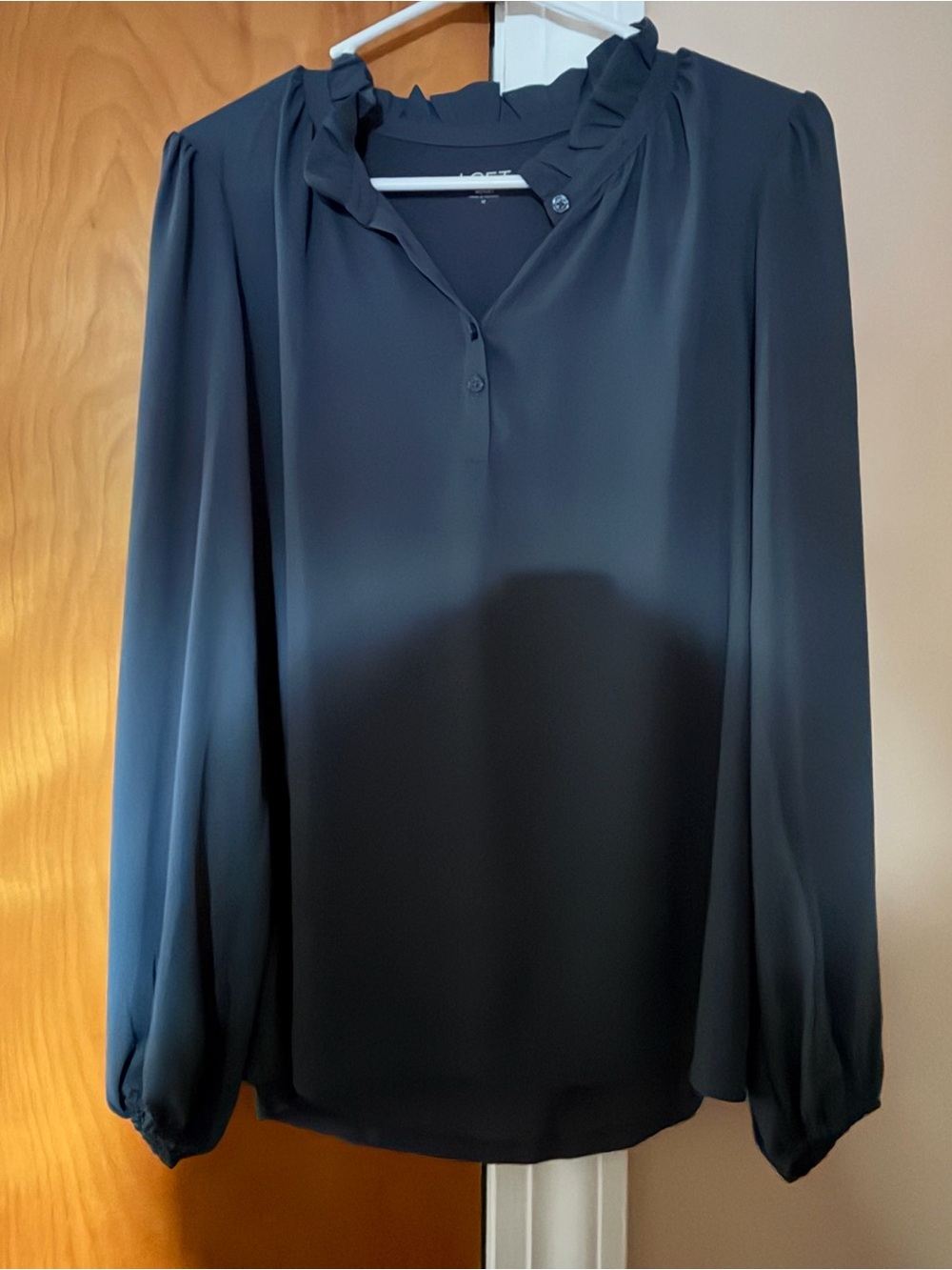 LOFT Navy Ruffle-Neck Long Sleeve Blouse